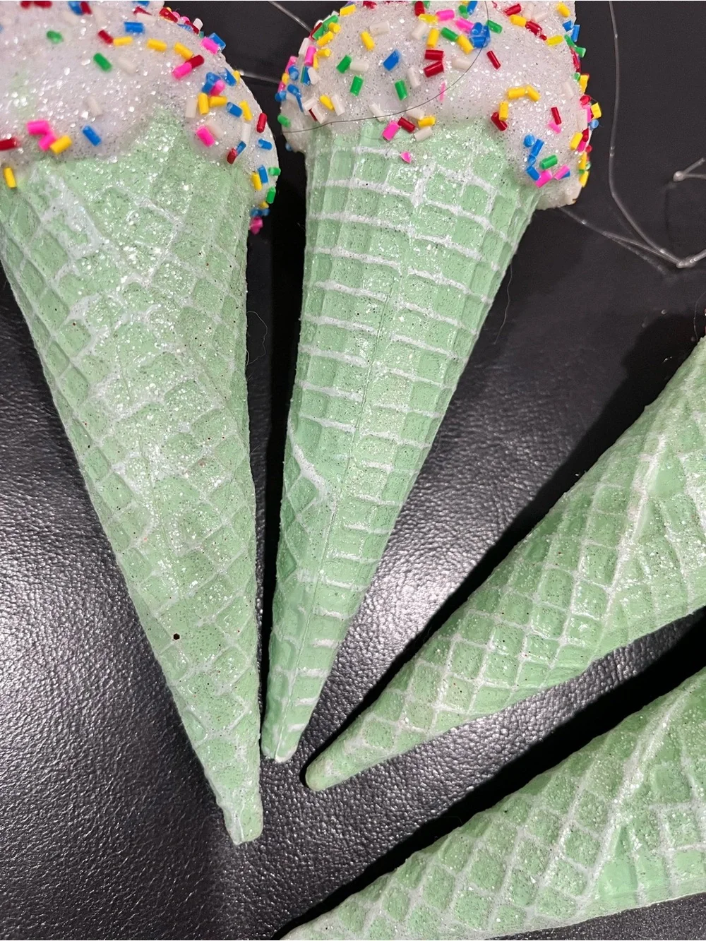 4 Pastel Mint GREEN ICE CREAM CONE DESSERT FOOD SWEET Christmas Ornaments